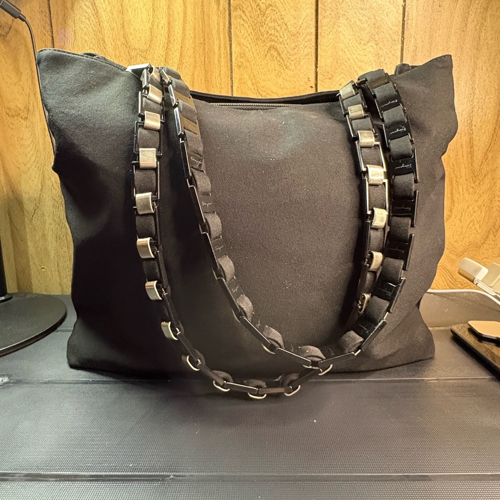 Salvatore Ferragamo Black Nylon Shoulder Bag Silver Chain Straps Italy with CoA